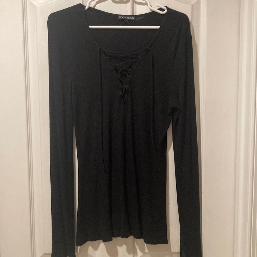 Express black long sleeve with lace up neckline size large